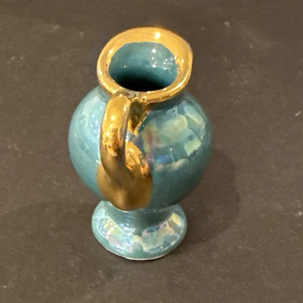 Vintage Set of 4 Mini Pottery Pitchers Colorful Gold Trim Studio Art Style